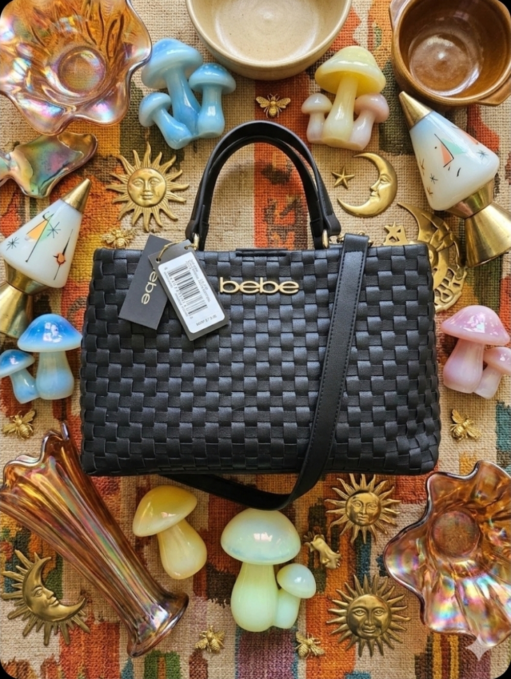 NWT Bebe Yara Black Woven Small Satchel Crossbody Handbag Gold Logo